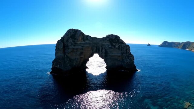 A stunning landscape view of a rocky Greek island in the blue sea under a summer sunset sky featuring a rugged coastline with cliffs and a tranquil horizon over the ocean