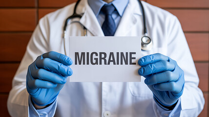 Medical Professional in Blue Gloves Holding a Sign with "MIGRAINE" Text, Highlighting Chronic Headache and Neurological Condition Awareness