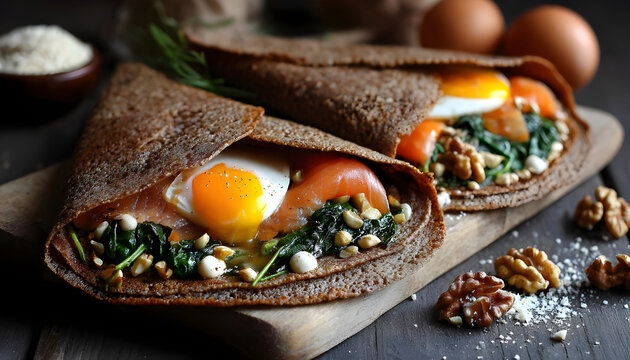 Buckwheat pancakes filled with eggs, smoked salmon, spinach, and nuts. Classic galette from regional cuisine