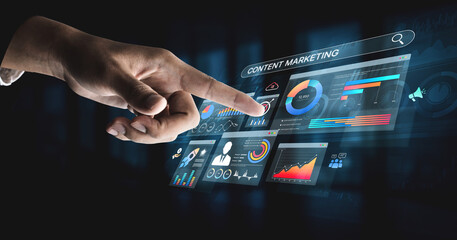 Fototapeta premium Content marketing interface with data dashboards, analytics charts, and content tools. Marketing success comes from content performance, content planning, and marketing optimization. Spline
