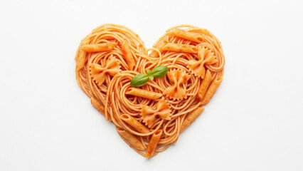 Heart-Shaped Spaghetti with Tomato Sauce and Basil on White Background