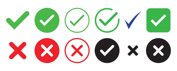 Green check mark, red cross mark icon set. Isolated tick symbols, checklist signs, approval badge. Vector illustration.