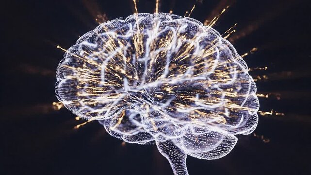 Illuminated Human Brain Exploding with Neurons and Electric Sparks in a Dark Environment from a Front Viewpoint