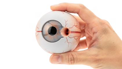 Handheld 3D printed eye model illustrating coloboma defects including an iris notch and optic disc excavation ideal for tactile learning and clinical demonstration.