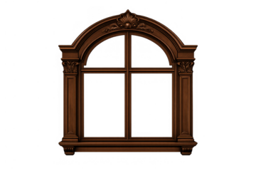 Ornate traditional wooden arched window frame with transparent background, classic vintage architectural design element