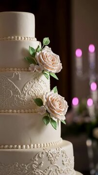 Elegant tiered wedding cake with scroll and bead detail, adorned with delicate blush rose and small white flowers Vertical video