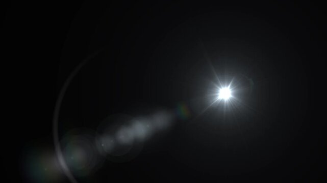 Dramatic lens flare sequence, Abstract lens flare with a brilliant starburst and subtle rainbow hues, creating a soft bokeh effect and light streaks on a dark, black canvas for visual effects.
