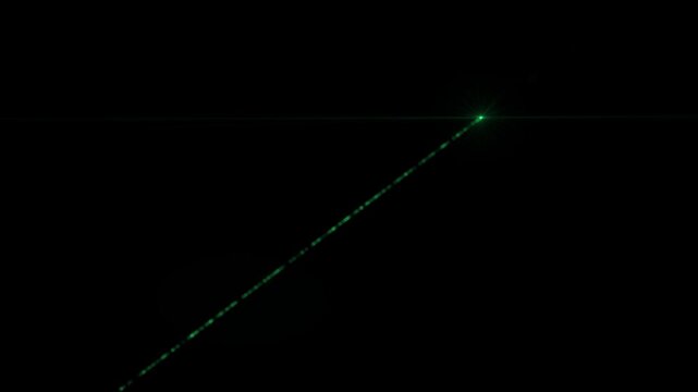 A sharp, vibrant green laser beam cutting across a black background, creating a futuristic and precise technological effect with subtle light flares.