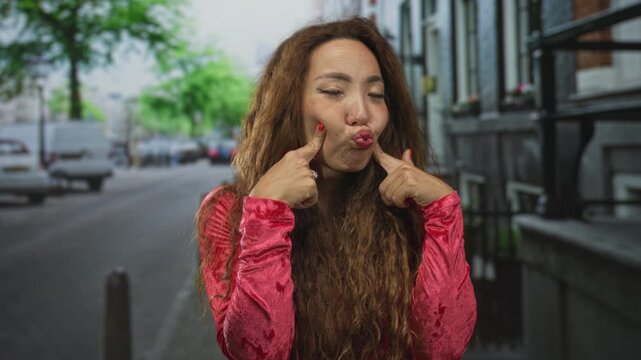 Woman pinching cheeks and puckering lips on a busy city street, hands framing face and long wavy hair visible against buildings; playful mischief.