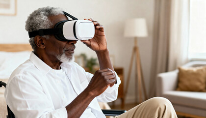 Senior african american man in a wheelchair using a virtual reality headset. Elderly person experiencing modern VR technology for entertainment at home.