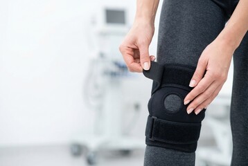 Person adjusts knee brace in medical setting during rehabilitation session focused on injury recovery and support for mobility challenges