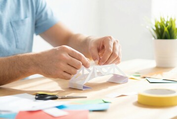 Person builds a paper bridge using craft supplies on a wooden table in a well-lit indoor space during daylight hours