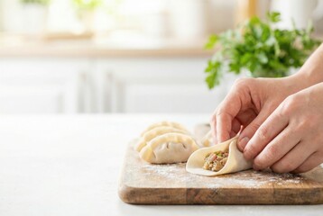 Making handmade dumplings in a kitchen during daytime with fresh ingredients on a wooden cutting board
