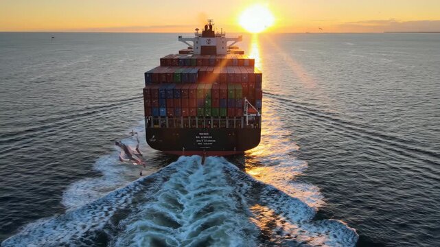 Aerial drone footage of container ship sailing into sunset over ocean. Cargo vessel navigating vast sea at dusk with colorful stacks and trailing wake. Maritime trade and voyage concept for global
