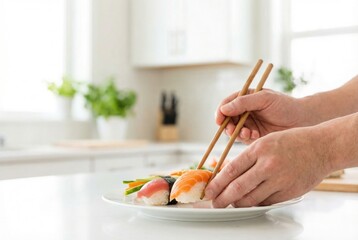 Hands use chopsticks to take sushi from a white plate in a bright kitchen during the day near green plants on a counter