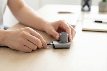 Person connecting a device to a gray speaker on a wooden table in a workspace during daylight hours