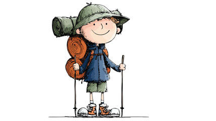 Cute Hiker Boy Vector with Outline Isolated on White - Adventure Kid Illustration
