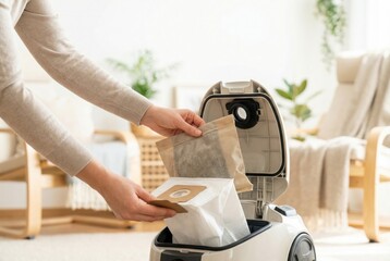 Person places vacuum bag into a vacuum cleaner at home during the day in a bright and tidy living room setting