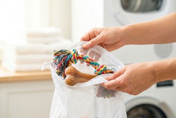 Owner cleans pet toys in laundry area to ensure hygiene and readiness for playtime after washing in a mesh bag