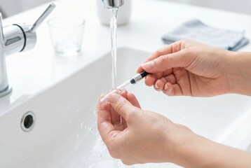 Person washes a syringe under running water at a sink in a bright kitchen setting during the day