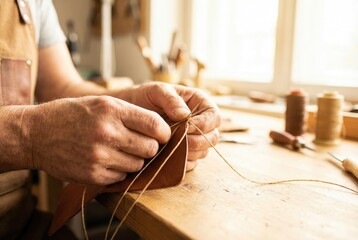 Crafting leather goods in a workshop during daylight hours with hands focused on sewing details