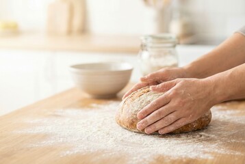 Bread making process in a kitchen with hands kneading dough at a wooden table in the afternoon light