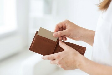 Person holds a card while checking their wallet in a bright indoor space during the day