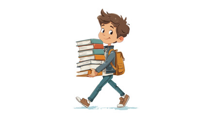Adorable Schoolboy Carrying Books Vector Illustration with Outline Isolated