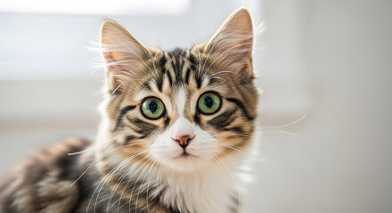 A beautiful tabby cat with green eyes looking directly at the camera