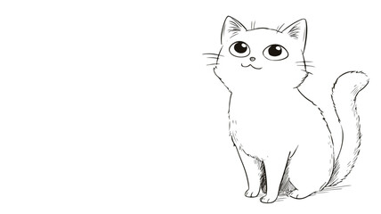 Adorable Cartoon White Cat with Outline, Isolated on White Background