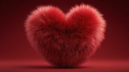 Vivid red fuzzy heart object rests dramatically on a monochromatic deep red studio background