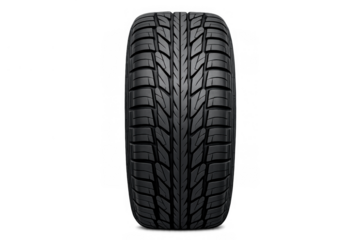 Car tire with winter tread pattern on transparent background representing automotive transport and road safety