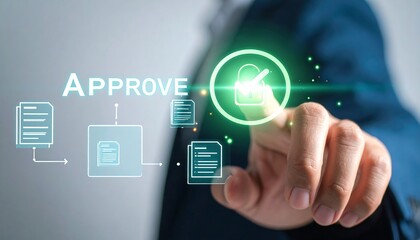 Person's Finger Touching Approve Button on Digital Interface with Workflow Icons approval