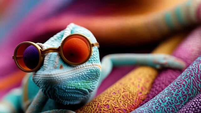 Chameleon Wearing Glasses on Vibrant Colorful Background