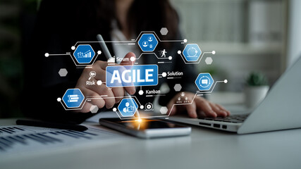 A businessperson actively engages with digital tools to enhance agile methodologies, featuring charts, icons, and modern technology in a collaborative office environment. Tessel