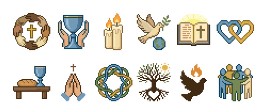 Set of pixel art Christian icons featuring religious symbols like the cross, dove, chalice, bible, and praying hands, representing faith, community, and spirituality in a retro 8-bit style