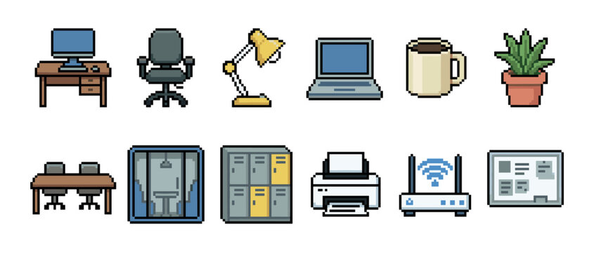 Set of pixel art office icons featuring a computer, desk, chair, laptop, printer, and other workspace equipment in a retro 8-bit video game style illustration