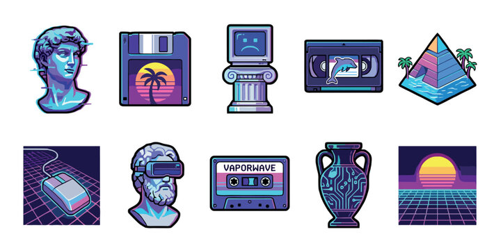 Set of ten retrofuturistic vaporwave icons showing classical busts, vintage electronics, and digital landscapes with a nostalgic 80s and 90s aesthetic in bright neon colors