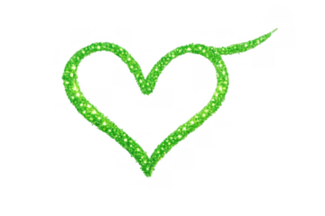 Green glitter heart forming a glowing, shimmering symbol of love on a transparent background, vibrant sparkle effect