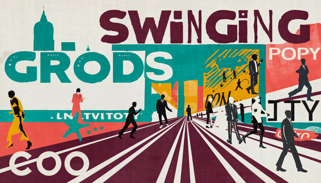 Mid-century modern collage illustration inspired by London&rsquo;s Mods and Rockers, featuring playful typography, textured paper layers, and contemporary minimal balance.