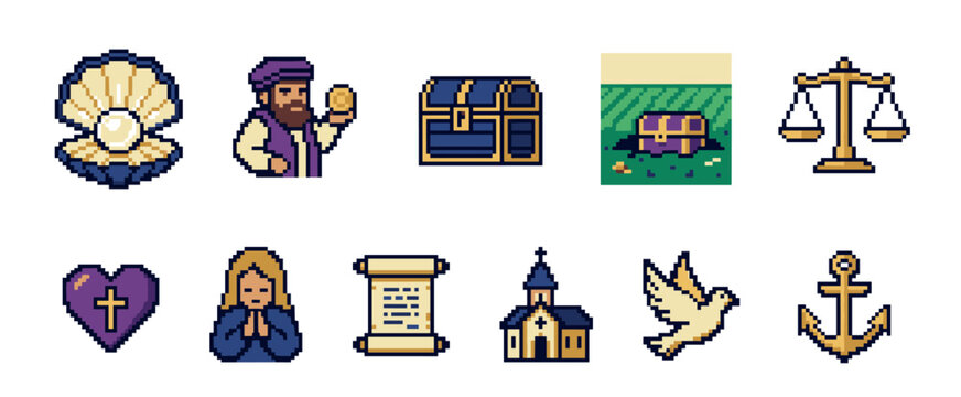 Collection of Christian biblical pixel art icons representing parables and symbols like the pearl, treasure, church, and dove in a retro 8-bit video game style