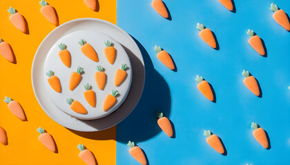Fototapeta premium White plate holding Easter cake decorated with small carrot shapes on a bright surface