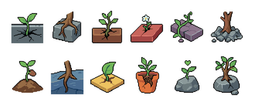 Pixel art icon set of plants growing through different surfaces like rock and concrete, a collection of sprites for a video game showing growth, life, and resilience