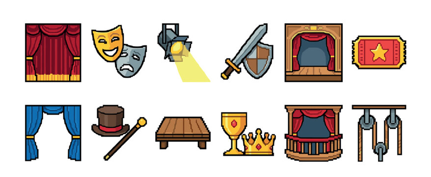 Pixel art theatre and performance icon set featuring various theatrical elements like masks, curtains, a stage, props, and a ticket in a retro 8-bit video game style