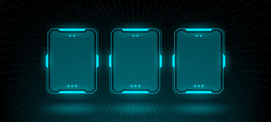 Obraz premium Three glowing hud vector graphics frames for technology communication. Abstract futuristic infographic display with empty light interface.