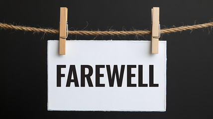 Minimalist Farewell Card with Bold Text Hanging on a Jute Rope with Wooden Clothespins Against a Dark Background for Retirement or Job Change Concepts