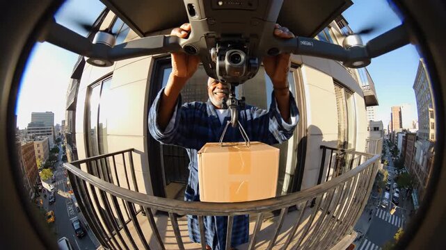 Asian man in robe holds cardboard box on urban balcony. First-person drone view approaches recipient in high-rise apartment. Modern aerial delivery concept in cityscape.