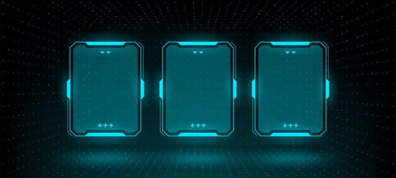 Three glowing hud vector graphics frames for technology communication. Abstract futuristic infographic display with empty light interface.
