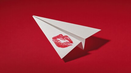 White paper airplane adorned with a vibrant red lipstick kiss mark on solid background