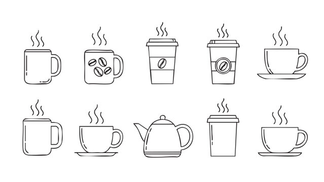 Set of steaming hot coffee cups and travel mugs in various styles